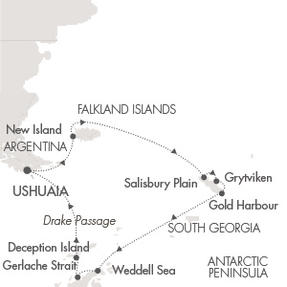 Ponant Yacht Le Boreal Cruise Map Detail Ushuaia, Argentina to Ushuaia, Argentina November 15-30 2016 - 15 Days
