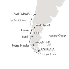 LUXURY CRUISES - Penthouse, Veranda, Balconies, Windows and Suites Ponant Yacht Le Boreal Cruise Map Detail Valparaso, Chile to Ushuaia, Argentina November 2-15 2022 - 13 Days