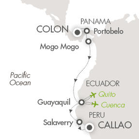 Ponant Yacht Le Boreal Cruise Map Detail Col�n, Panama to Callao, Peru October 16-25 2016 - 9 Days