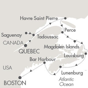 LUXURY CRUISES - Penthouse, Veranda, Balconies, Windows and Suites Ponant Yacht Le Boreal Cruise Map Detail Qubec City, Canada to Boston, MA, United States September 21-30 2022 - 9 Days