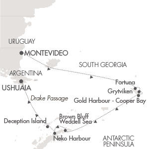 Cruises Around The World Ponant Yacht Le Lyrial Cruise Map Detail Montevideo, Uruguay to Ushuaia, Argentina November 19 December 4 2025 - 15 Days