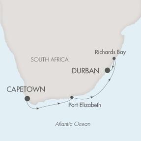 LUXURY CRUISES FOR LESS Ponant Yacht Le Lyrial Cruise Map Detail Cape Town, South Africa to Durban, South Africa March 25 April 2 2020 - 9 Days