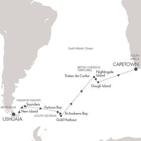 LUXURY CRUISES FOR LESS Ponant Yacht Le Lyrial Cruise Map Detail Ushuaia, Argentina to Cape Town, South Africa March 4-25 2020 - 21 Days