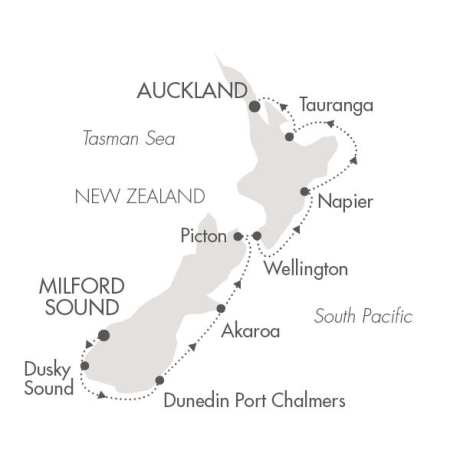 Cruises Around The World Ponant Yacht Le Soleal Cruise Map Detail Milford Sound, New Zealand to Auckland, New Zealand January 13-22 2025 - 9 Days
