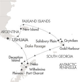 Cruises Around The World Ponant Yacht Le Soleal Cruise Map Detail Ushuaia, Argentina to Ushuaia, Argentina December 19 2025 January 4 2026 - 16 Days