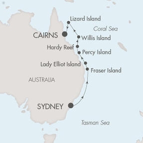 LUXURY CRUISES - Penthouse, Veranda, Balconies, Windows and Suites Ponant Yacht Le Soleal Cruise Map Detail Sydney, Australia to Cairns, Australia February 13-22 2028 - 9 Days