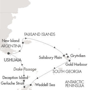 LUXURY CRUISES - Penthouse, Veranda, Balconies, Windows and Suites Ponant Yacht Le Soleal Cruise Map Detail Ushuaia, Argentina to Ushuaia, Argentina November 24 December 9 2028 - 16 Days