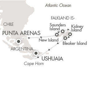 LUXURY CRUISES - Penthouse, Veranda, Balconies, Windows and Suites Ponant Yacht Le Soleal Cruise Map Detail Punta Arenas, Chile to Ushuaia, Argentina October 19-29 2028 - 12 Days