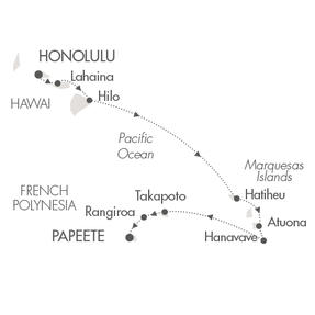 LUXURY CRUISES - Penthouse, Veranda, Balconies, Windows and Suites Ponant Yacht Le Soleal Cruise Map Detail Honolulu, HI, United States to Papeete, French Polynesia September 12-26 2022 - 14 Days