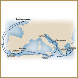 INFORMATIONS/DEALS - Map Cunard Queen Elizabeth QE Southampton to Southampton