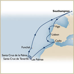 Croisieres de luxe Map Cunard Queen Elizabeth QE Southampton - Southampton