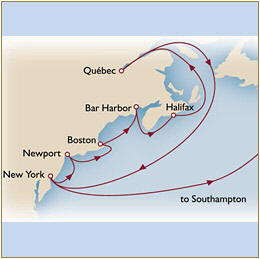 Croisire de Rve tout-inclus Map Cunard Queen Mary 2 Qm 2 2020 New York - Southampton