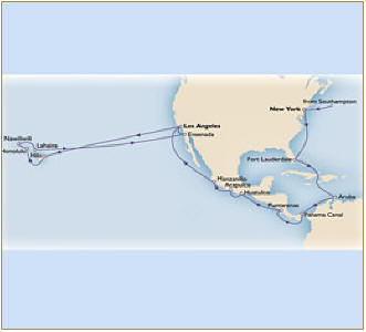 Map Cunard Queen Victoria QV 2011 southampton to los angeles
