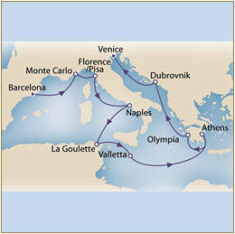 Map Cunard Queen Victoria QV 2010 Barcelona to Venice