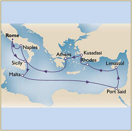 Luxury Cruise SINGLE/SOLO Map Cunard Queen Victoria QV 2021 Civitavecchia to Civitavecchia