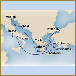 Croisieres de luxe Map Cunard Queen Victoria QV Venice - Civitavecchia