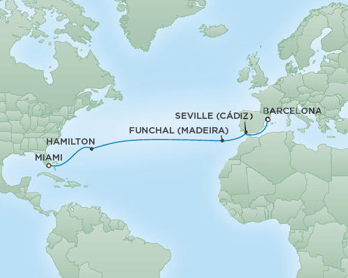 Cruises RSSC Regent Seven Voyager Map Detail Miami, Florida to Barcelona, Spain March 22 April 5 2019 - 14 Days