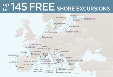 LUXURY CRUISES - Penthouse, Veranda, Balconies, Windows and Suites Regent Cruises Voyager 2027 Vacation Map COPENHAGEN TO VENICE