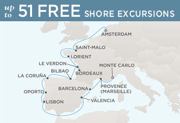 LUXURY CRUISES - Penthouse, Veranda, Balconies, Windows and Suites Regent Cruises Voyager 2027 Vacation Map AMSTERDAM TO MONTE CARLO