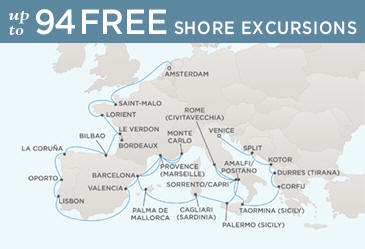 LUXURY CRUISES - Penthouse, Veranda, Balconies, Windows and Suites Regent Cruises Voyager 2027 Vacation Map AMSTERDAM TO VENICE