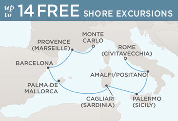 LUXURY CRUISES - Penthouse, Veranda, Balconies, Windows and Suites Regent Cruises Voyager 2027 Vacation Map MONTE CARLO TO ROME (CIVITAVECCHIA)