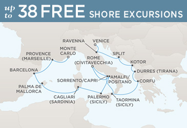 LUXURY CRUISES - Penthouse, Veranda, Balconies, Windows and Suites Regent Cruises Voyager 2027 Vacation Map MONTE CARLO TO VENICE