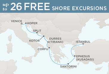 LUXURY CRUISES - Penthouse, Veranda, Balconies, Windows and Suites Regent Cruises Voyager 2027 Vacation Map VENICE TO ISTANBUL