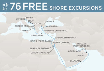 LUXURY CRUISES - Penthouse, Veranda, Balconies, Windows and Suites Regent Cruises Voyager 2027 Vacation Map VENICE TO DUBAI