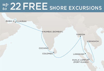LUXURY CRUISES - Penthouse, Veranda, Balconies, Windows and Suites Regent Cruises Voyager 2027 Vacation Map DUBAI TO BANGKOK (LAEM CHABANG)