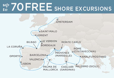 LUXURY CRUISES - Penthouse, Veranda, Balconies, Windows and Suites Regent Cruises Voyager 2027 Vacation Map AMSTERDAM TO ROME (CIVITAVECCHIA)