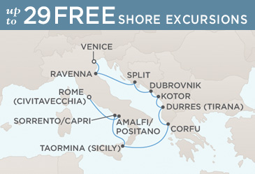 LUXURY CRUISES - Penthouse, Veranda, Balconies, Windows and Suites Regent Seven Seas Mariner 2021 World Cruise Vacation Map VENICE TO ROME (CIVITAVECCHIA)