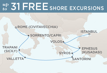 Cruises Around The World Regent Seven Seas Mariner 2026 World Cruise Map ROME (CIVITAVECCHIA) TO ISTANBUL
