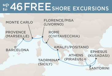 Regent Seven Seas Mariner 2014 World Cruise Map ATHENS (PIRAEUS) TO BARCELONA