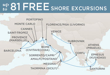 Cruises Around The World Regent Seven Seas Mariner 2026 World Cruise Map ATHENS (PIRAEUS) TO VENICE