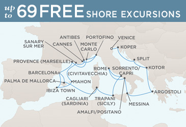 Cruises Around The World Regent Seven Seas Mariner 2026 World Cruise Map VENICE TO BARCELONA