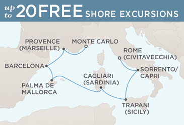 Cruises Around The World Regent Seven Seas Mariner 2026 World Cruise Map ROME (CIVITAVECCHIA) TO MONTE CARLO