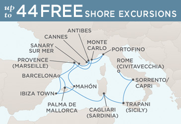 LUXURY CRUISES - Penthouse, Veranda, Balconies, Windows and Suites Regent Seven Seas Mariner 2021 World Cruise Vacation Map ROME (CIVITAVECCHIA) TO BARCELONA