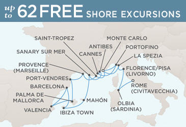 LUXURY CRUISES - Penthouse, Veranda, Balconies, Windows and Suites Regent Seven Seas Mariner 2021 World Cruise Vacation Map MONTE CARLO TO ROME (CIVITAVECCHIA)
