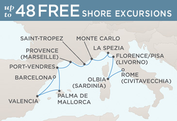LUXURY CRUISES - Penthouse, Veranda, Balconies, Windows and Suites Regent Seven Seas Mariner 2021 World Cruise Vacation Map BARCELONA TO ROME (CIVITAVECCHIA)