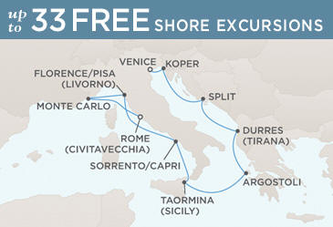 LUXURY CRUISES - Penthouse, Veranda, Balconies, Windows and Suites Regent Seven Seas Mariner 2021 World Cruise Vacation Map ROME (CIVITAVECCHIA) TO VENICE