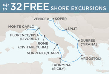 Regent Seven Seas Mariner 2014 World Cruise Map MONTE CARLO TO VENICE