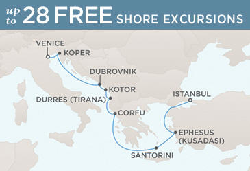 LUXURY CRUISES - Penthouse, Veranda, Balconies, Windows and Suites Regent Seven Seas Mariner 2027 World Cruise Vacation Map VENICE TO ISTANBUL