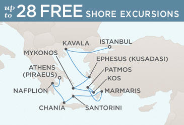 LUXURY CRUISES - Penthouse, Veranda, Balconies, Windows and Suites Regent Seven Seas Mariner 2027 World Cruise Vacation Map ISTANBUL TO ATHENS (PIRAEUS)