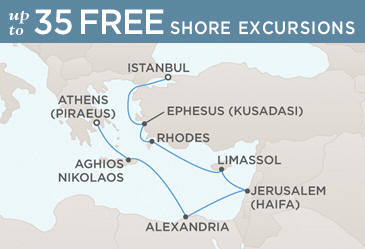 LUXURY CRUISES - Penthouse, Veranda, Balconies, Windows and Suites Regent Seven Seas Mariner 2027 World Cruise Vacation Map ATHENS (PIRAEUS) TO ISTANBUL