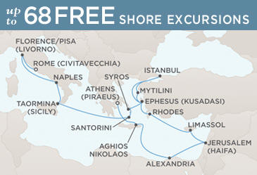 Cruises Around The World Regent Seven Seas Mariner 2026 World Cruise Map ATHENS (PIRAEUS) TO ROME (CIVITAVECCHIA)