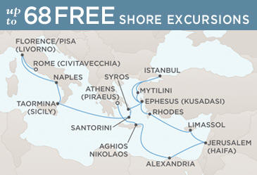 LUXURY CRUISES - Penthouse, Veranda, Balconies, Windows and Suites Regent Seven Seas Mariner 2027 World Cruise Vacation Map ATHENS (PIRAEUS) TO ROME (CIVITAVECCHIA)