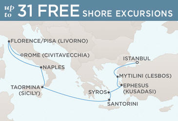 LUXURY CRUISES - Penthouse, Veranda, Balconies, Windows and Suites Regent Seven Seas Mariner 2027 World Cruise Vacation Map ISTANBUL TO ROME (CIVITAVECCHIA)