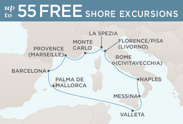 LUXURY CRUISES - Penthouse, Veranda, Balconies, Windows and Suites Regent Seven Seas Mariner 2027 World Cruise Vacation Map ROME (CIVITAVECCHIA) TO ROME (CIVITAVECCHIA)