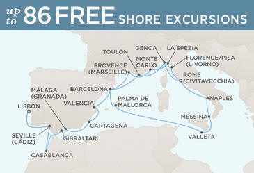 Cruises Around The World Regent Seven Seas Mariner 2026 World Cruise Map ROME (CIVITAVECCHIA) TO LISBON