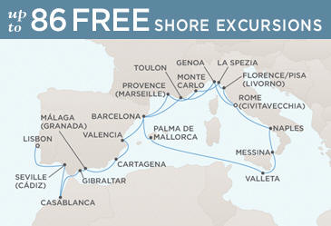 LUXURY CRUISES - Penthouse, Veranda, Balconies, Windows and Suites Regent Seven Seas Mariner 2027 World Cruise Vacation Map ROME (CIVITAVECCHIA) TO LISBON